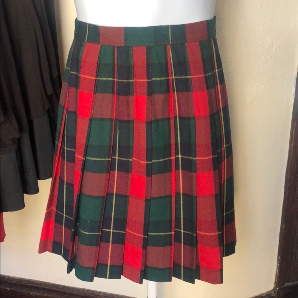 Pleated wool plaid high waisted skirt